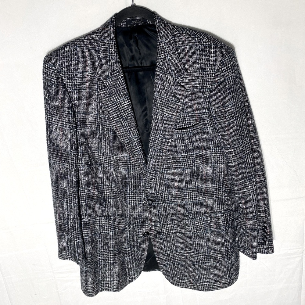 Vintage Stafford Executive Black White Red Blue Plaid 100% Silk Blazer 42R